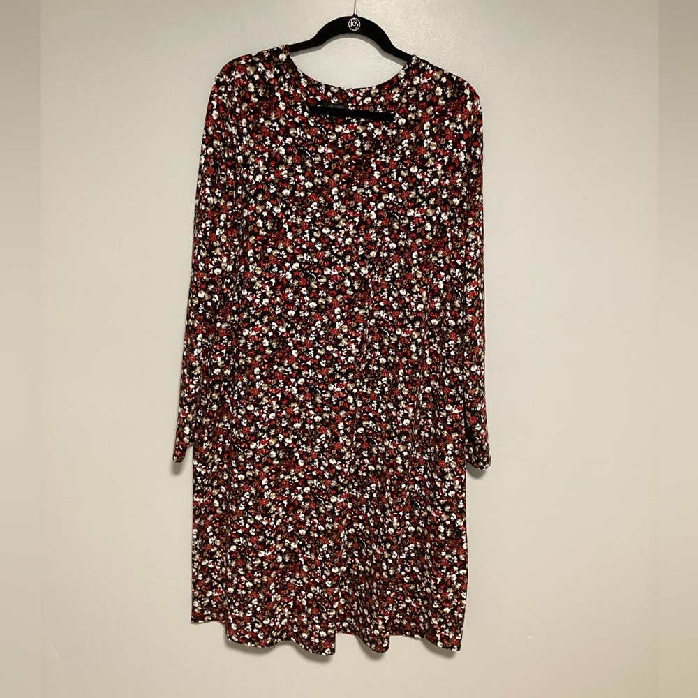 J Jill Women Dress Size XL Tall Floral Red Black Christmas Holiday Long Sleeves